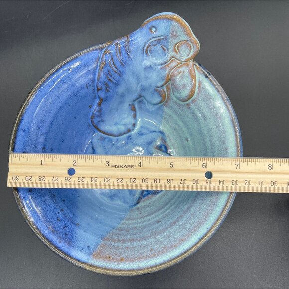 Vintage Art Pottery Manatee Bowl Jamie De Guzman Blue Green Nautical Beach Ocean - Picture 9 of 10